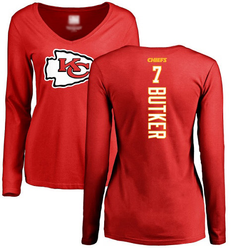 Women Football Kansas City Chiefs #7 Butker Harrison Red Backer Slim Fit Long Sleeve T-Shirt->nfl t-shirts->Sports Accessory